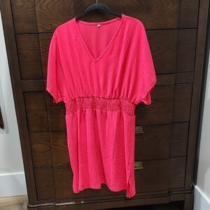 Vibrant Pink V-Neck Dress/Swim Cover Up